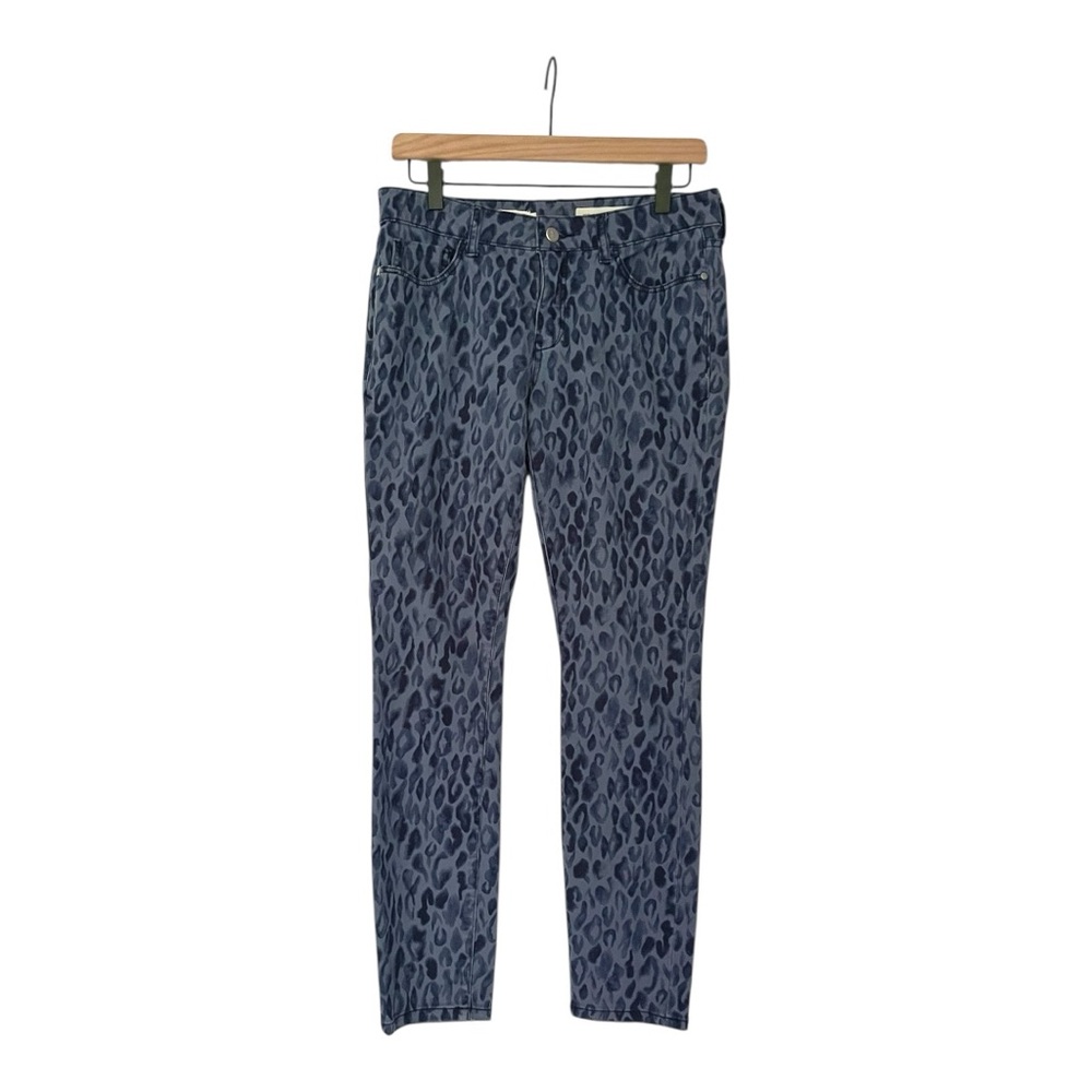 Pilcro and the Letterpress midrise skinny jeans with leopard pattern on denim.